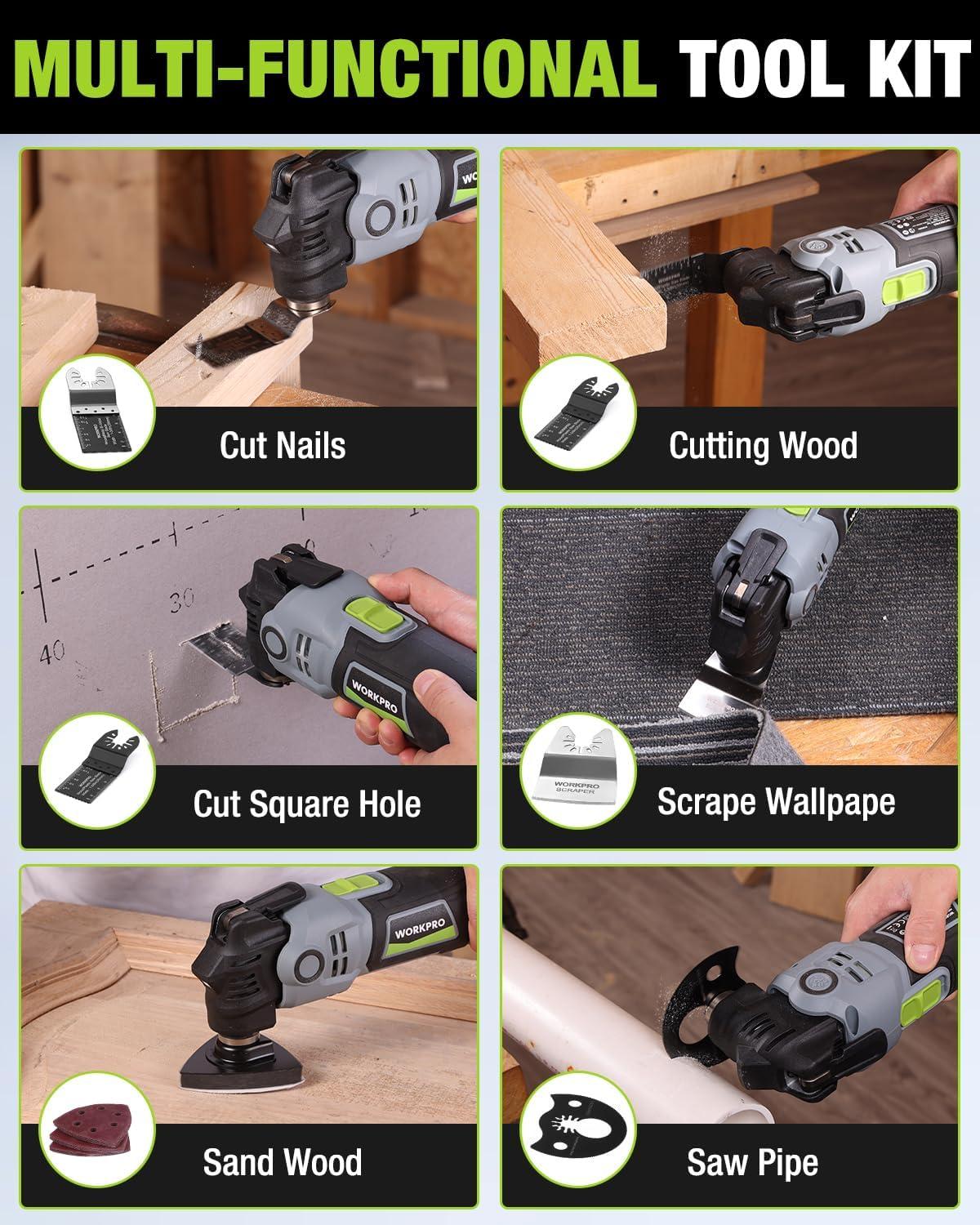 Tools For Rpm WORKPRO 20V Oscillating Tool Kit, Cordless and Brushless 19,000 RPM ...