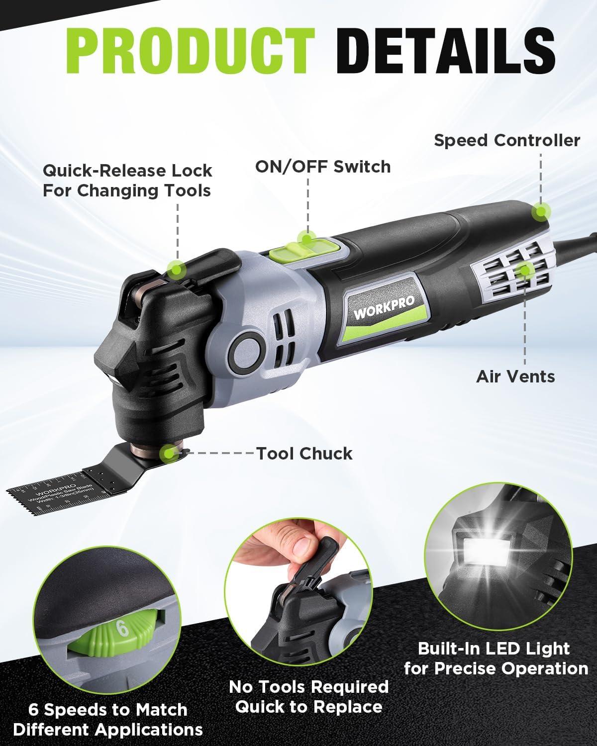 Tools For Rpm WORKPRO 20V Oscillating Tool Kit, Cordless and Brushless 19,000 RPM ...