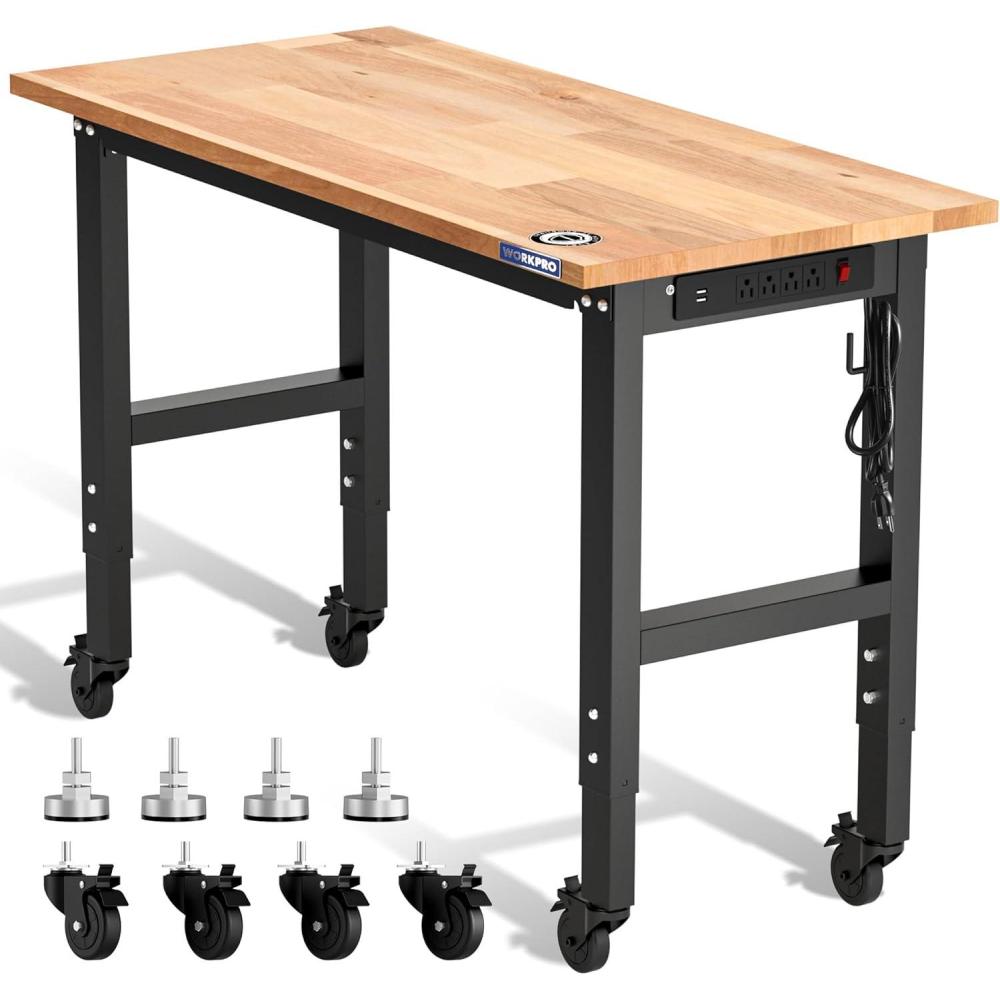 Bench For Leveling WORKPRO Adjustable Garage Workbench, 60×24 Rubber Wood Top Heavy-Duty ...
