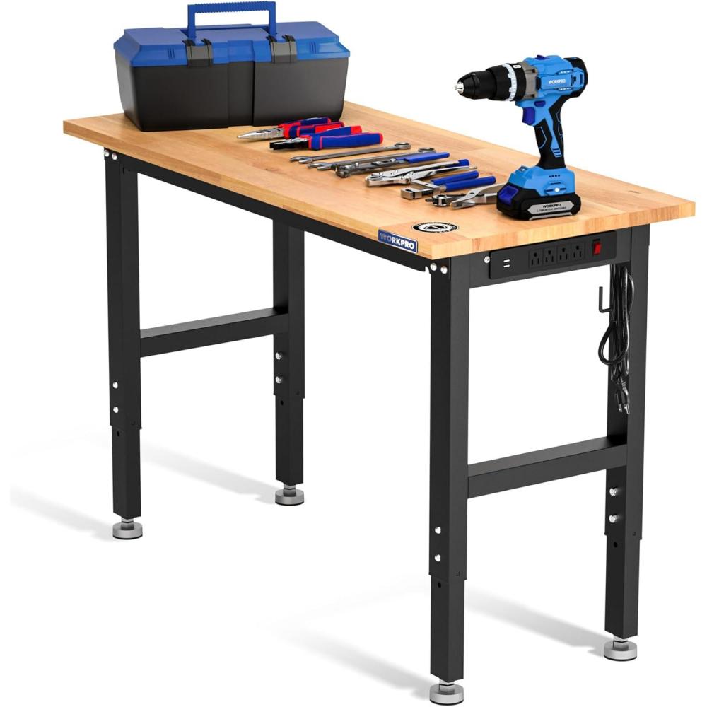 Top Loading Bench WORKPRO Adjustable Garage Workbench, 60×24 Rubber Wood Top Heavy-Duty ...