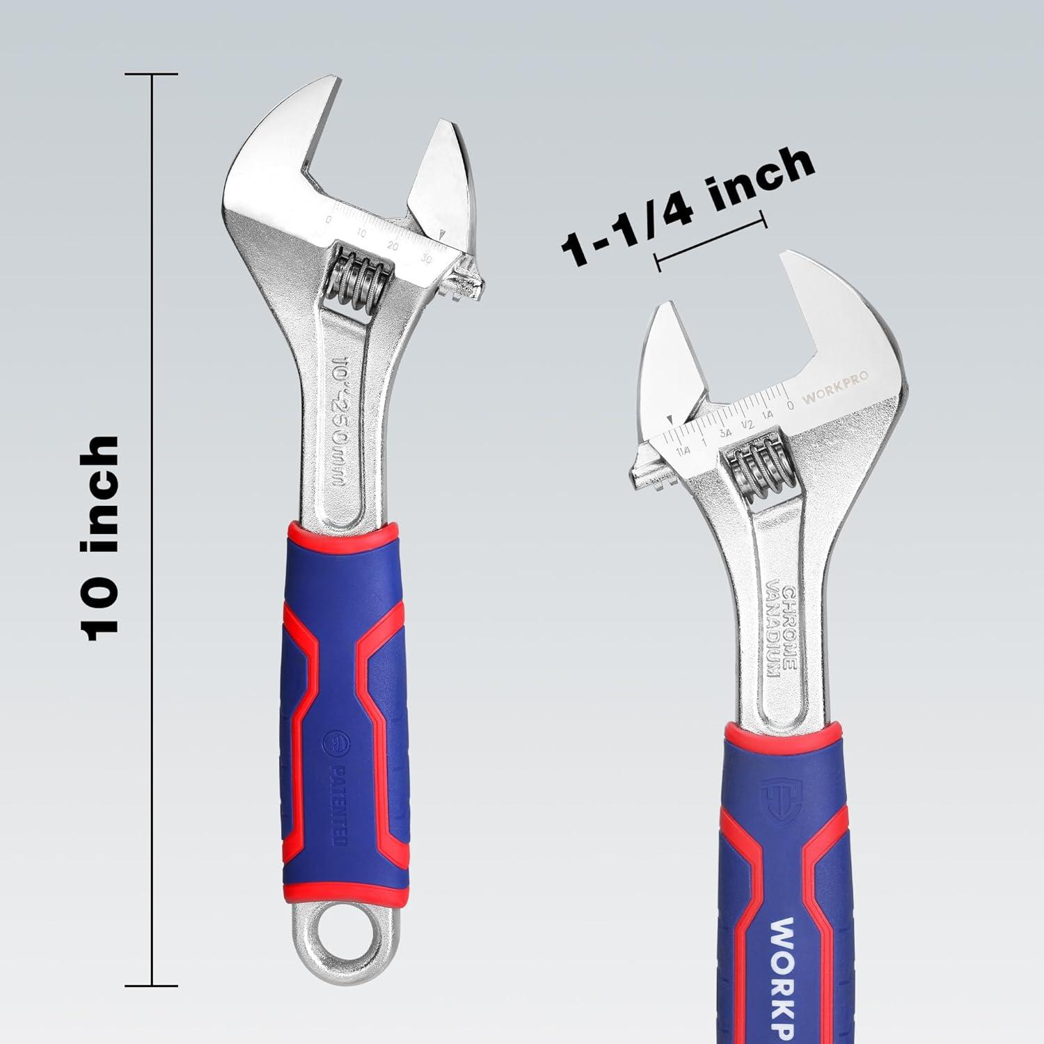 WORKPRO 10-inch Adjustable Wrench, Wide Jaw Opening Wrench with Rubber ...