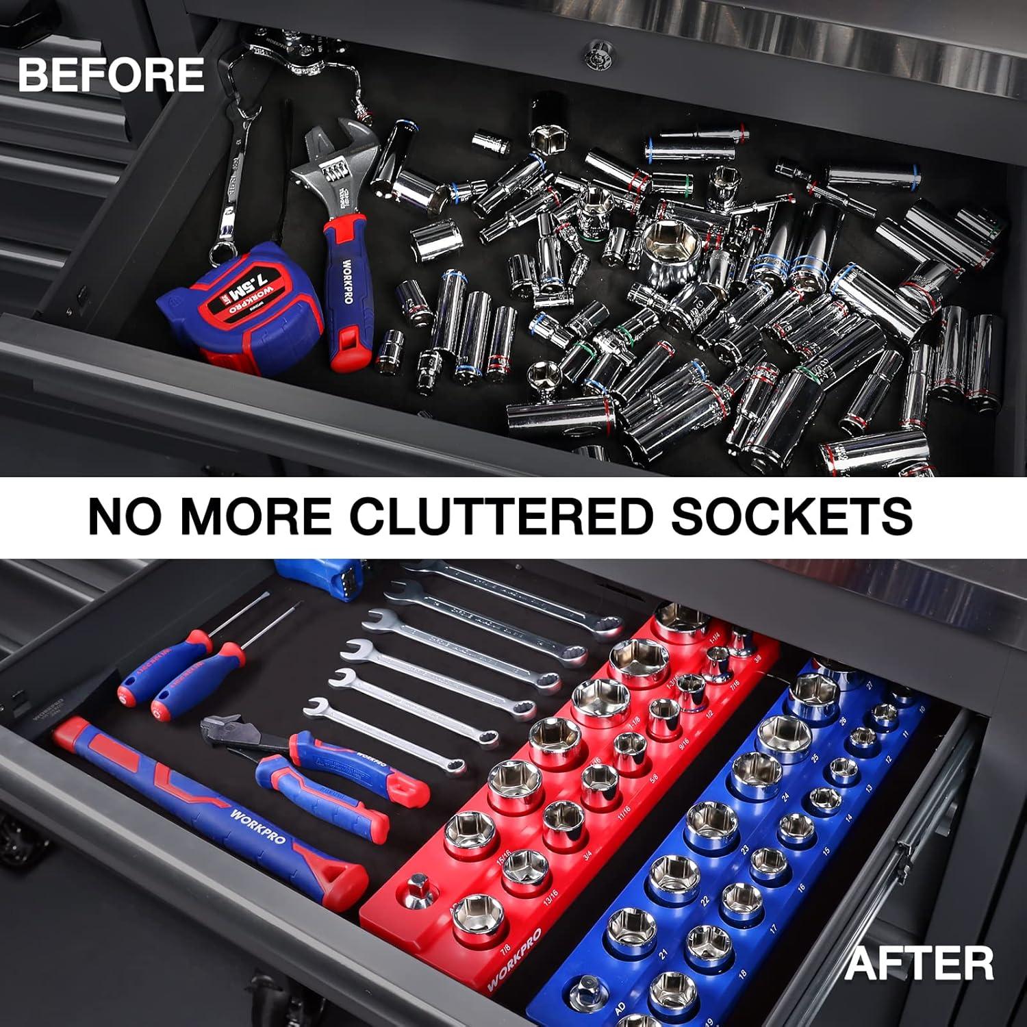 Socket Tool Rack WORKPRO 1/2-inch Magnetic Socket Organizer Set, 2-Piece SAE & Metric ...
