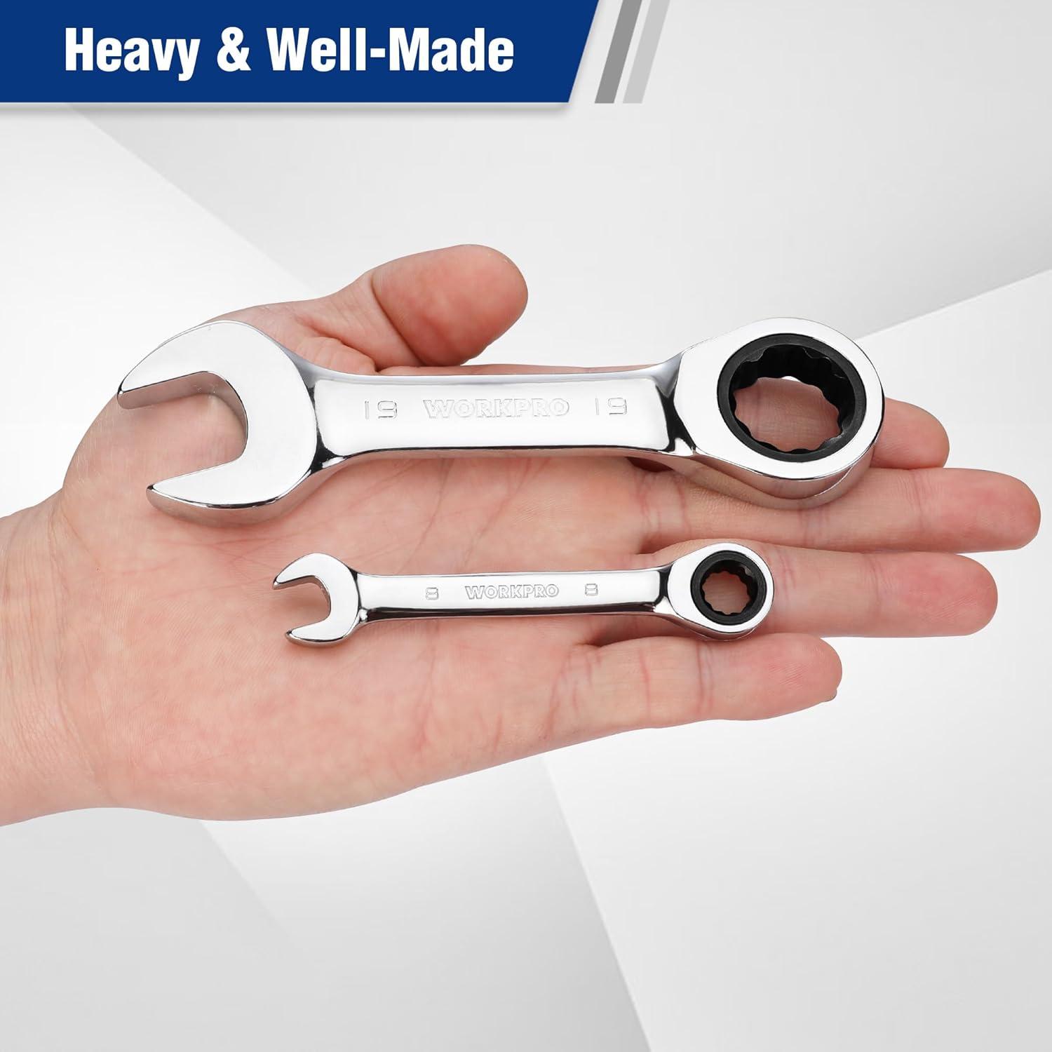WORKPRO 12-piece Stubby Ratcheting Wrench Set, Metric 8-19mm, 72-Tooth ...