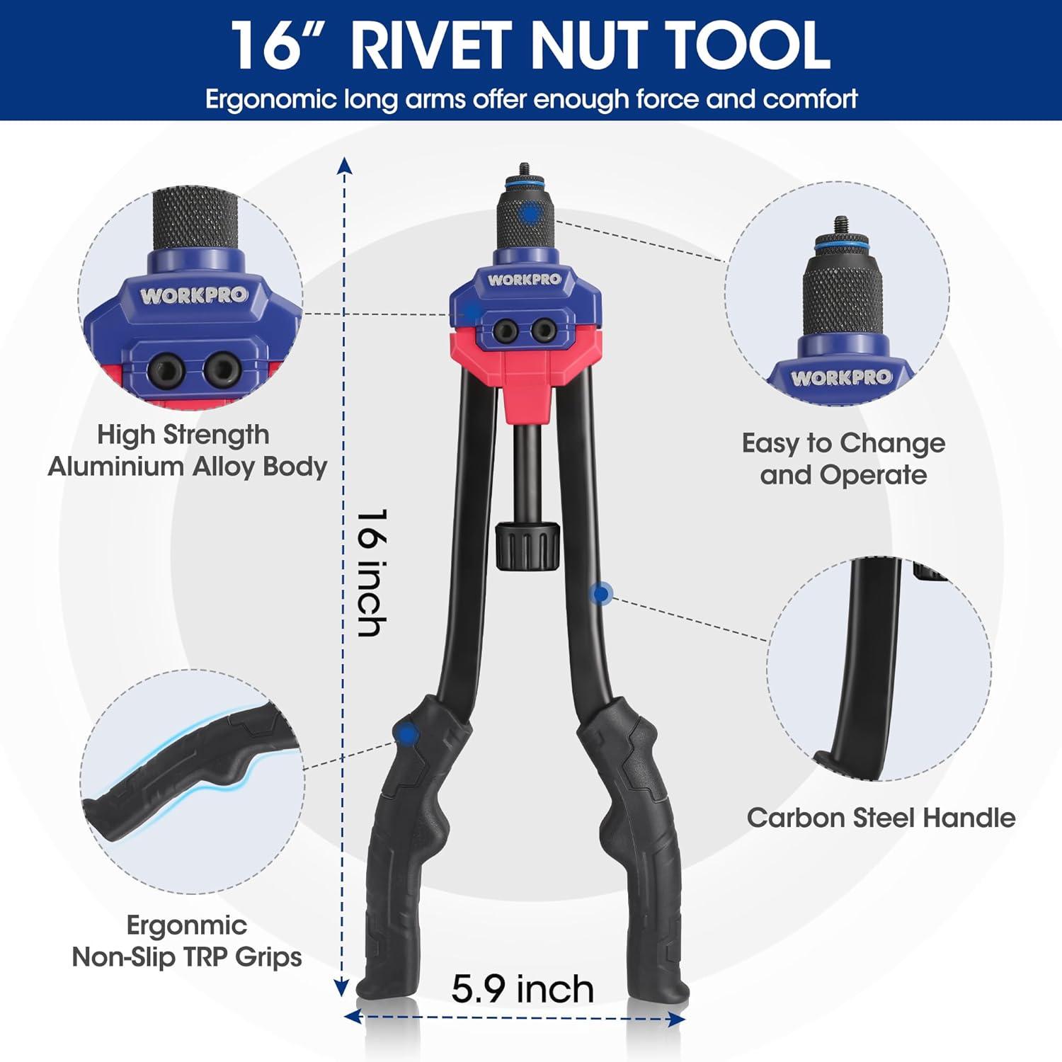 WORKPRO 16″ Rivet Nut Tool, Nutsert Rivnut Tool Kit with 11 Metric and ...