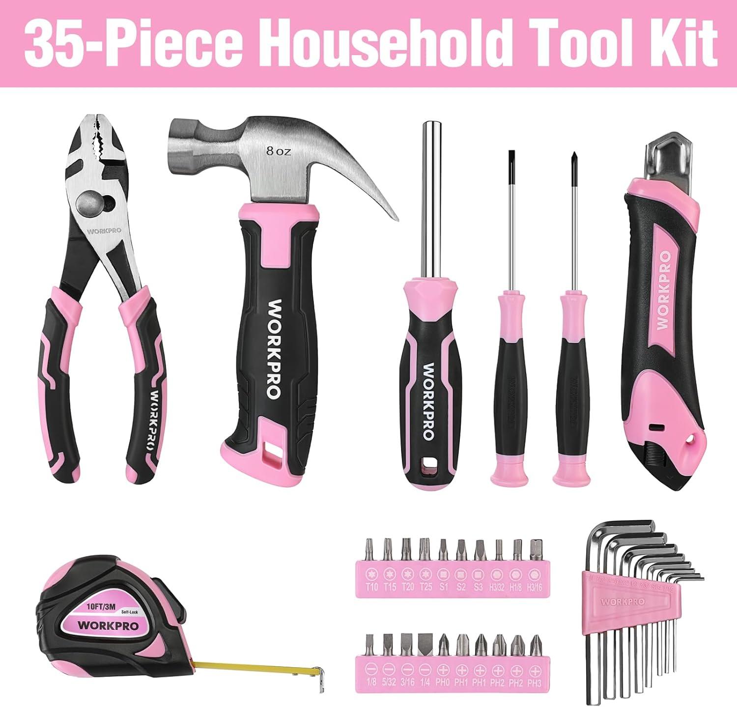 Pink Tool Table WORKPRO 35-Piece Pink Tools Set, Household Tool Kit with Storage ...