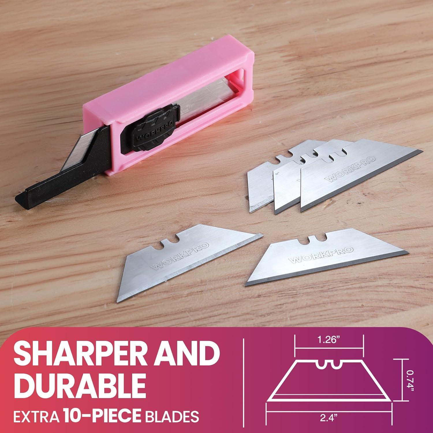 Pink Box Cutter With String WORKPRO Folding Utility Knife, Quick Change Box Cutter, Pink Razor ...