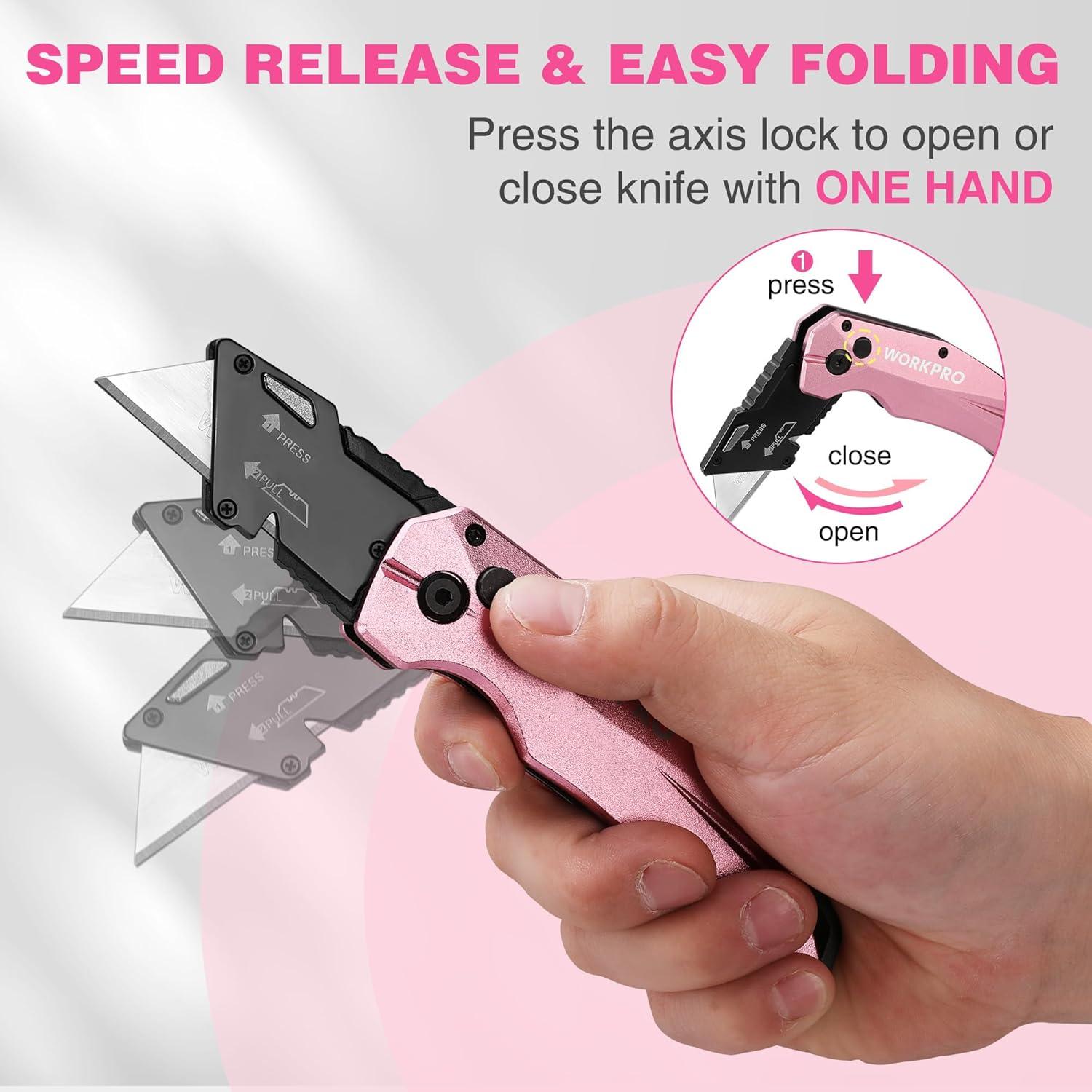 Pink Box Cutter With String WORKPRO Folding Utility Knife, Quick Change SK5 Pink Box Cutter ...
