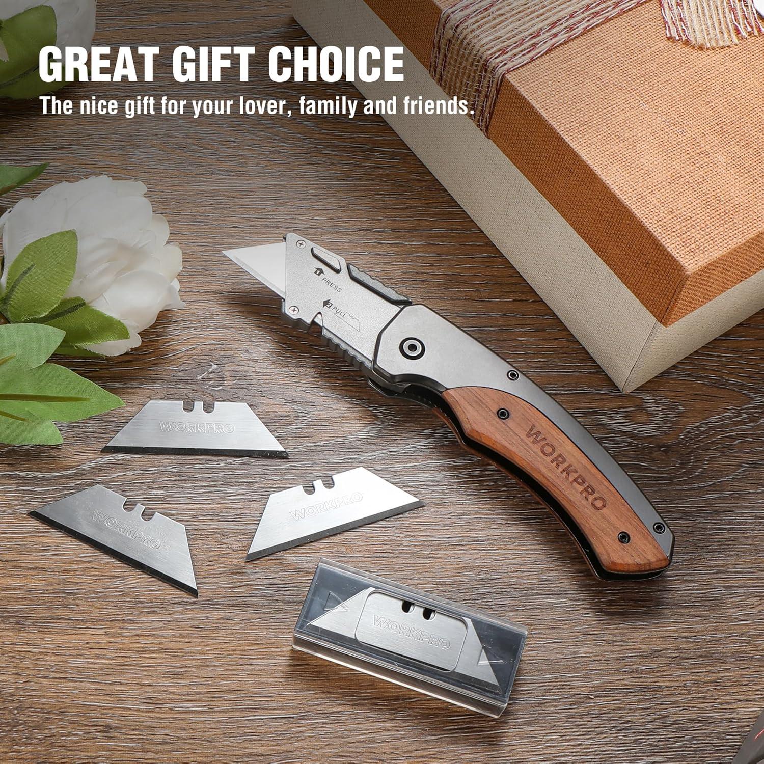 Foldable Razor Blade WORKPRO Folding Utility Knife & EDC Pocket Knife, Quick-Change Wood ...