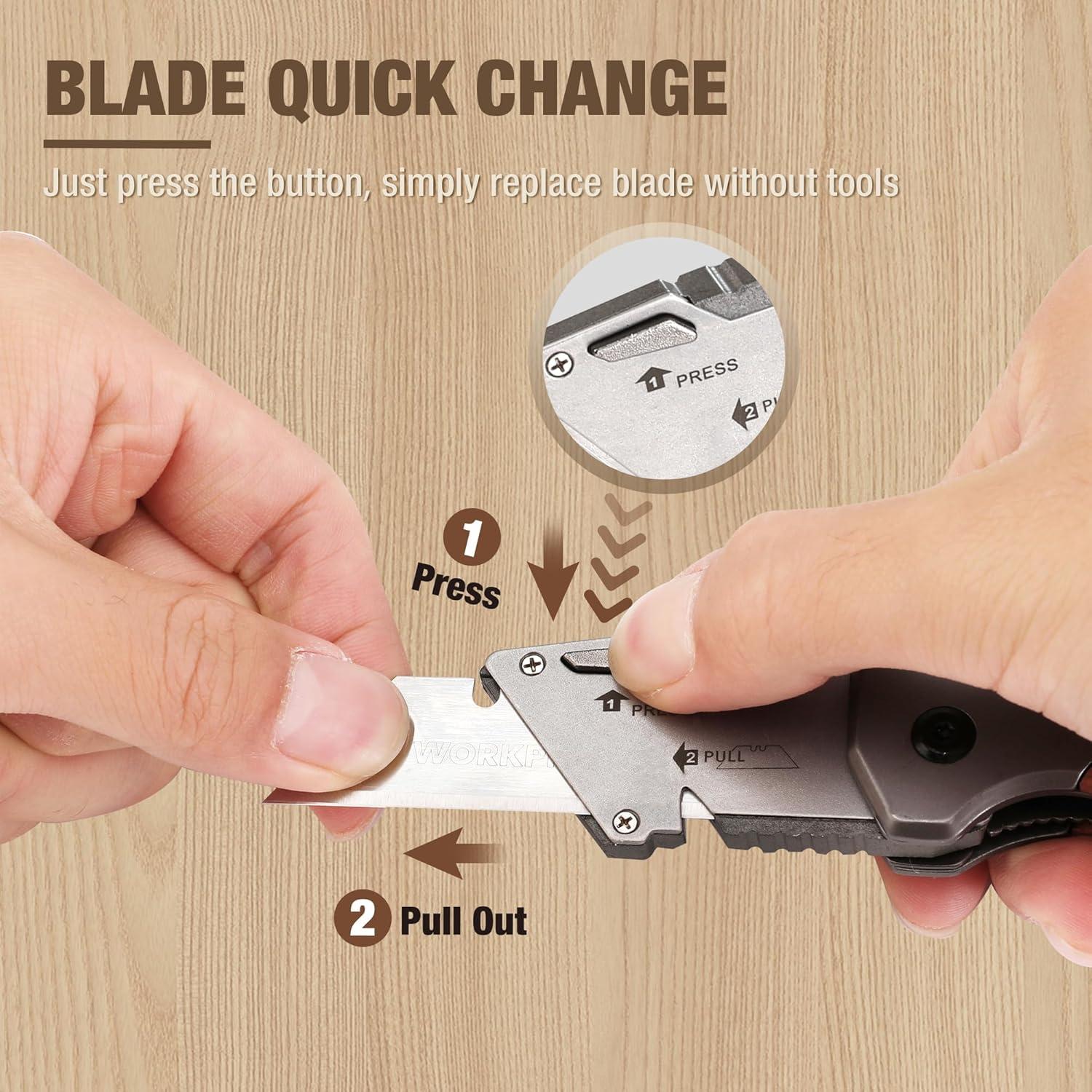 Foldable Razor Blade WORKPRO Folding Utility Knife & EDC Pocket Knife, Quick-Change Wood ...