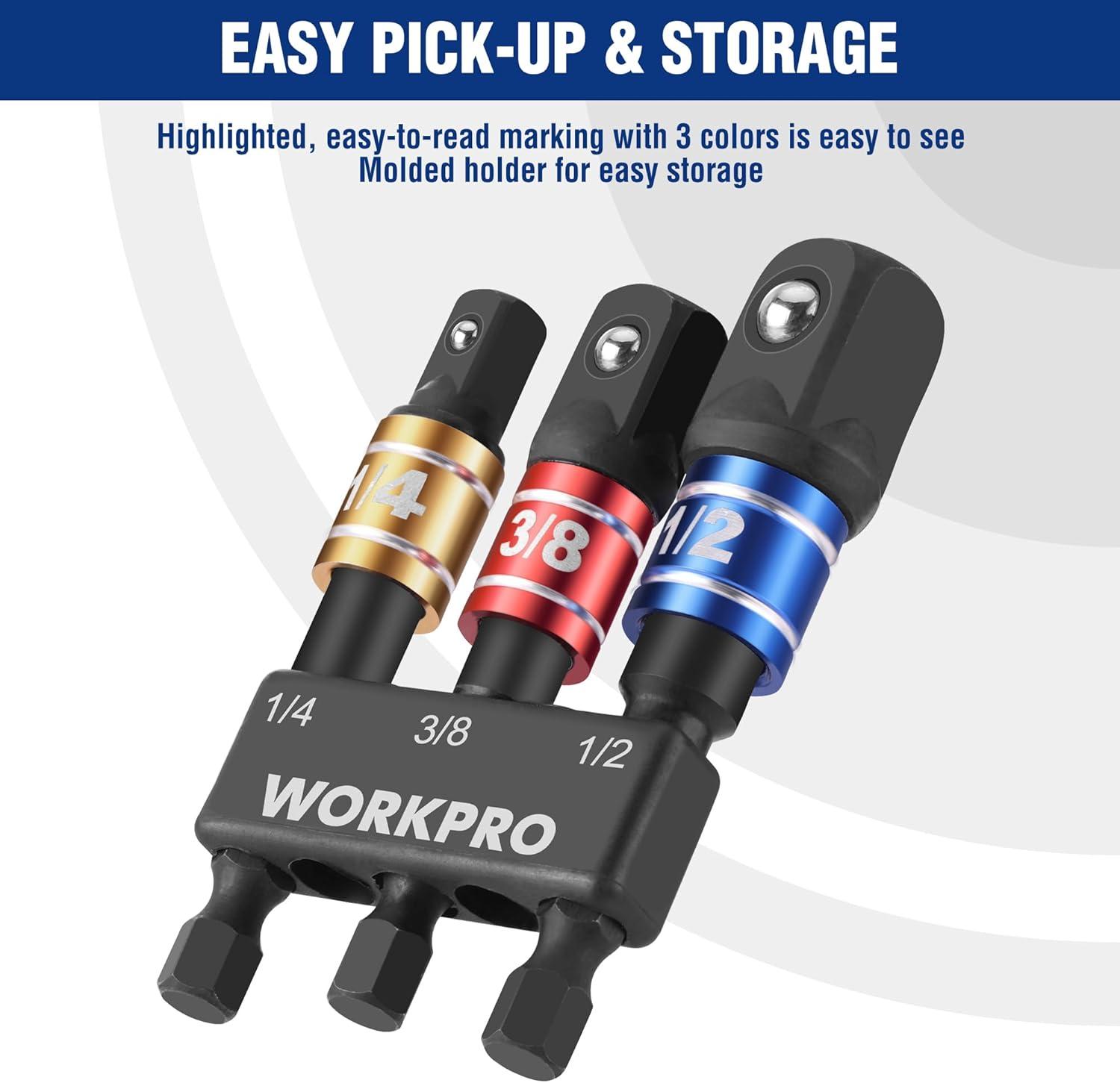 WORKPRO Impact Grade Socket Adapter Set, 1/4″, 3/8″, & 1/2″ Drive ...