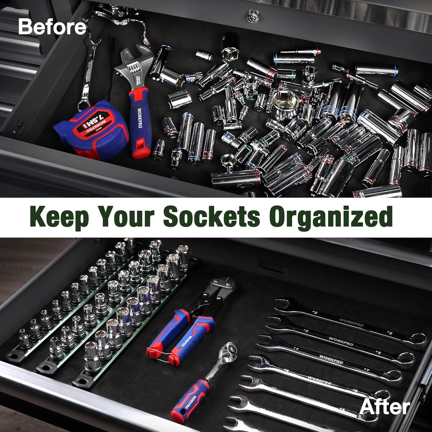 WORKPRO Magnetic Socket Organizer Set, 3-Piece Aluminum Alloy Socket ...