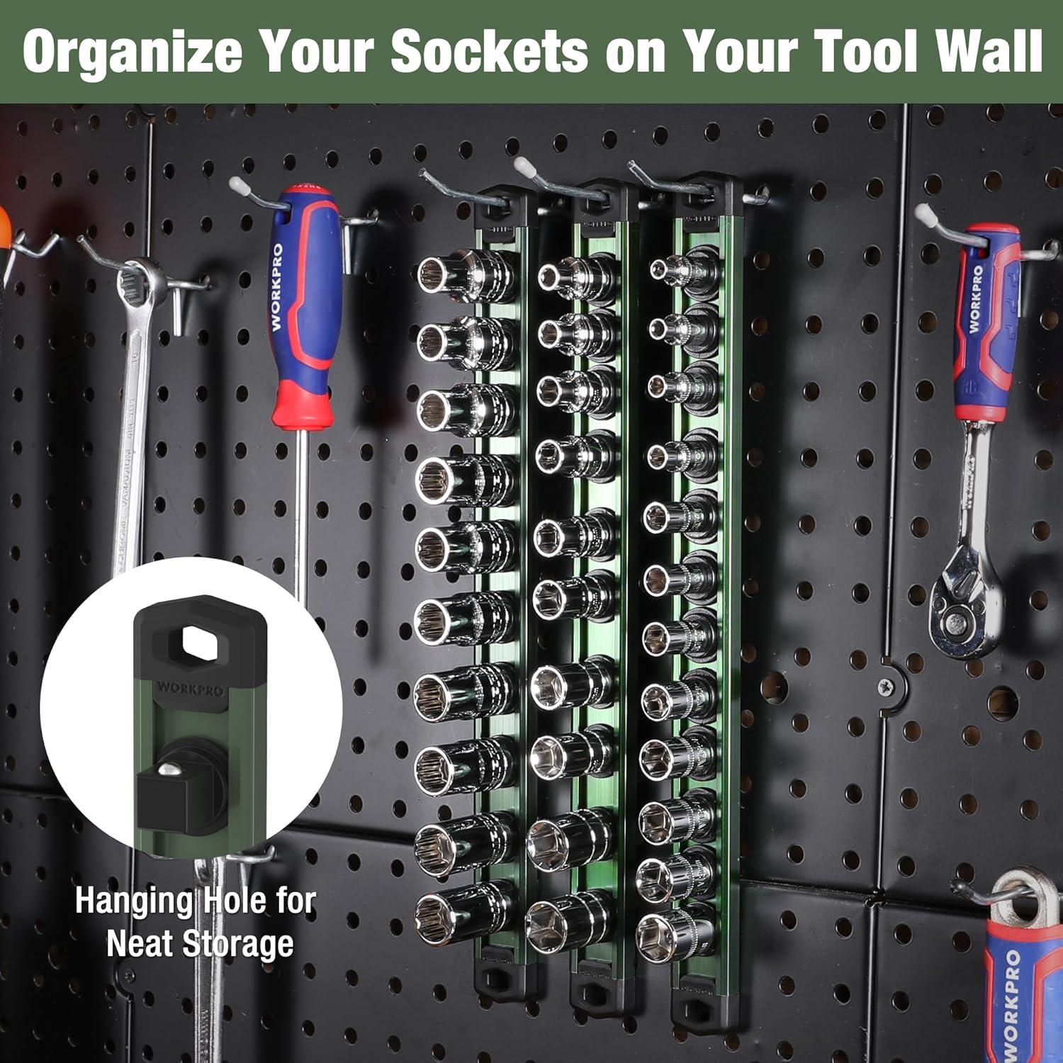 WORKPRO Magnetic Socket Organizer Set, 3-Piece Aluminum Alloy Socket ...