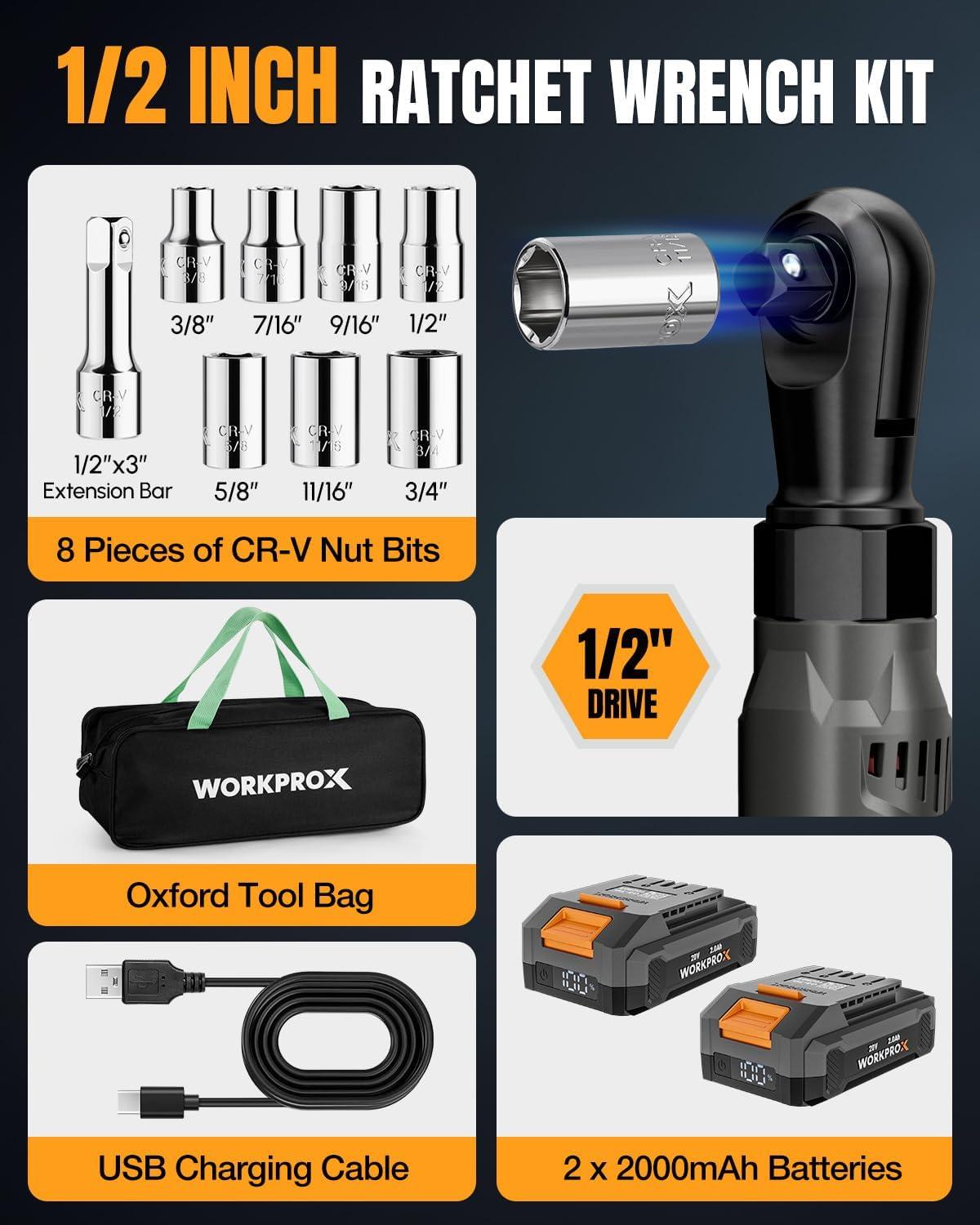 WORKPROX Electric Ratchet Wrench 3/8″ Set, 20V Cordless Ratchet Wrench ...