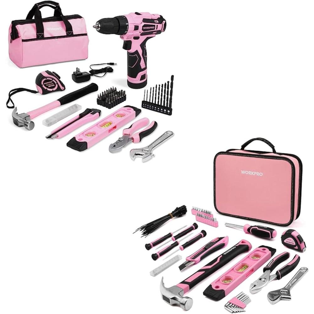 Pink Snow Tools WORKPRO 12V Pink Cordless Drill Driver and Home Tool Kit and 100 Piece ...